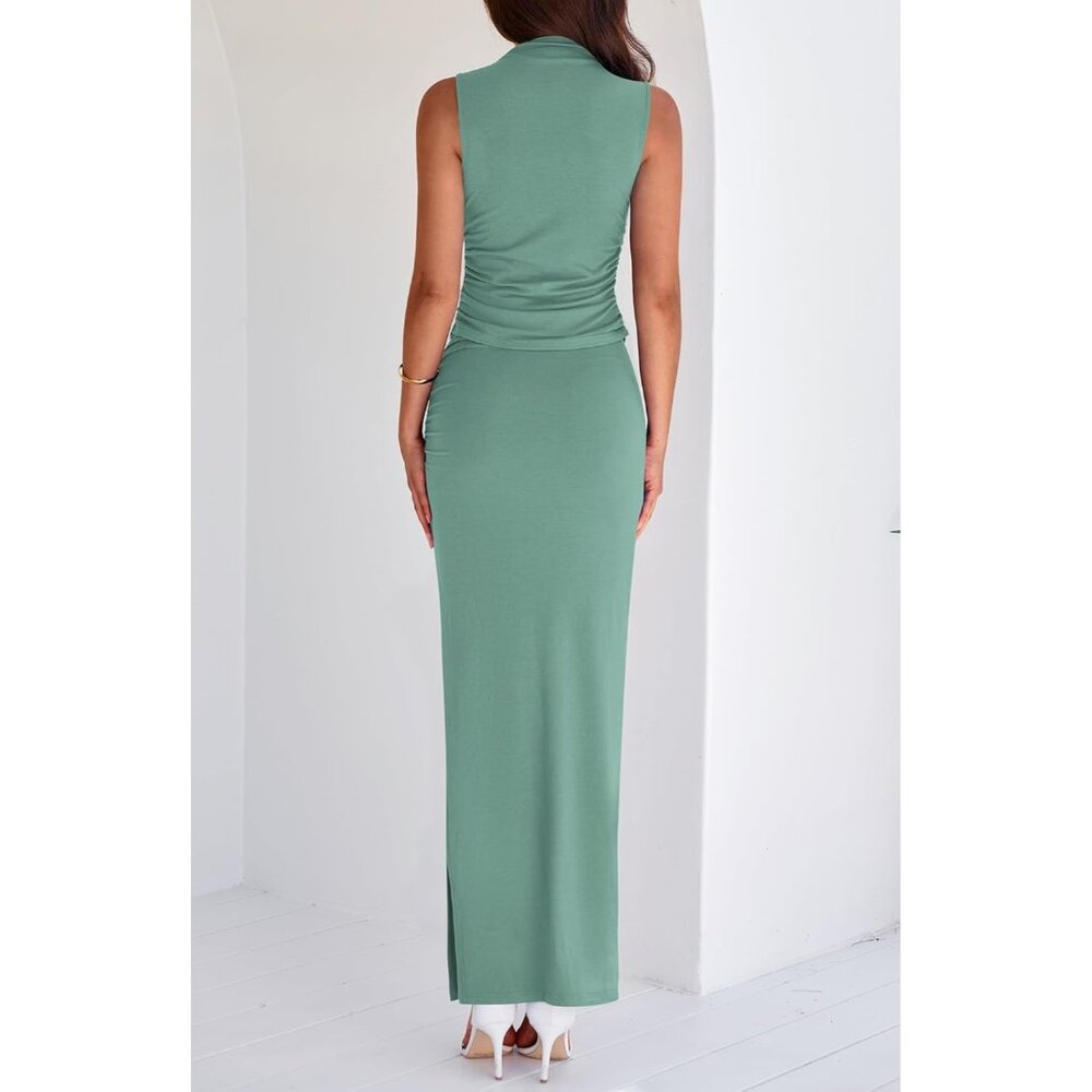 Women Fruit Green Two Piece Sets Going Mock Neck Sleeveless Knit Tops Maxi Skirt - Picture 3 of 6